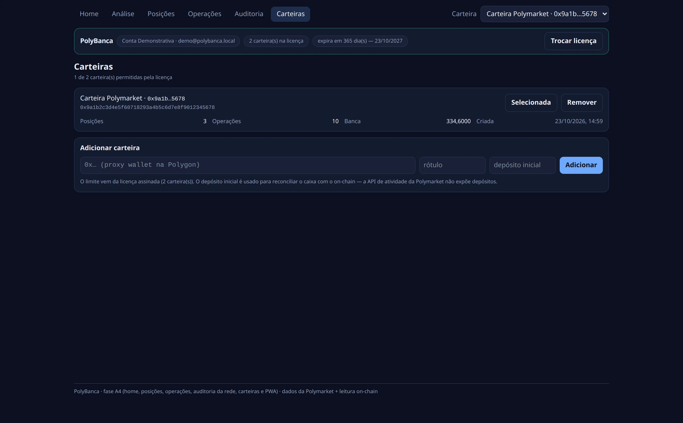 Carteiras — Suas wallets Polymarket lado a lado, com o saldo de cada uma.