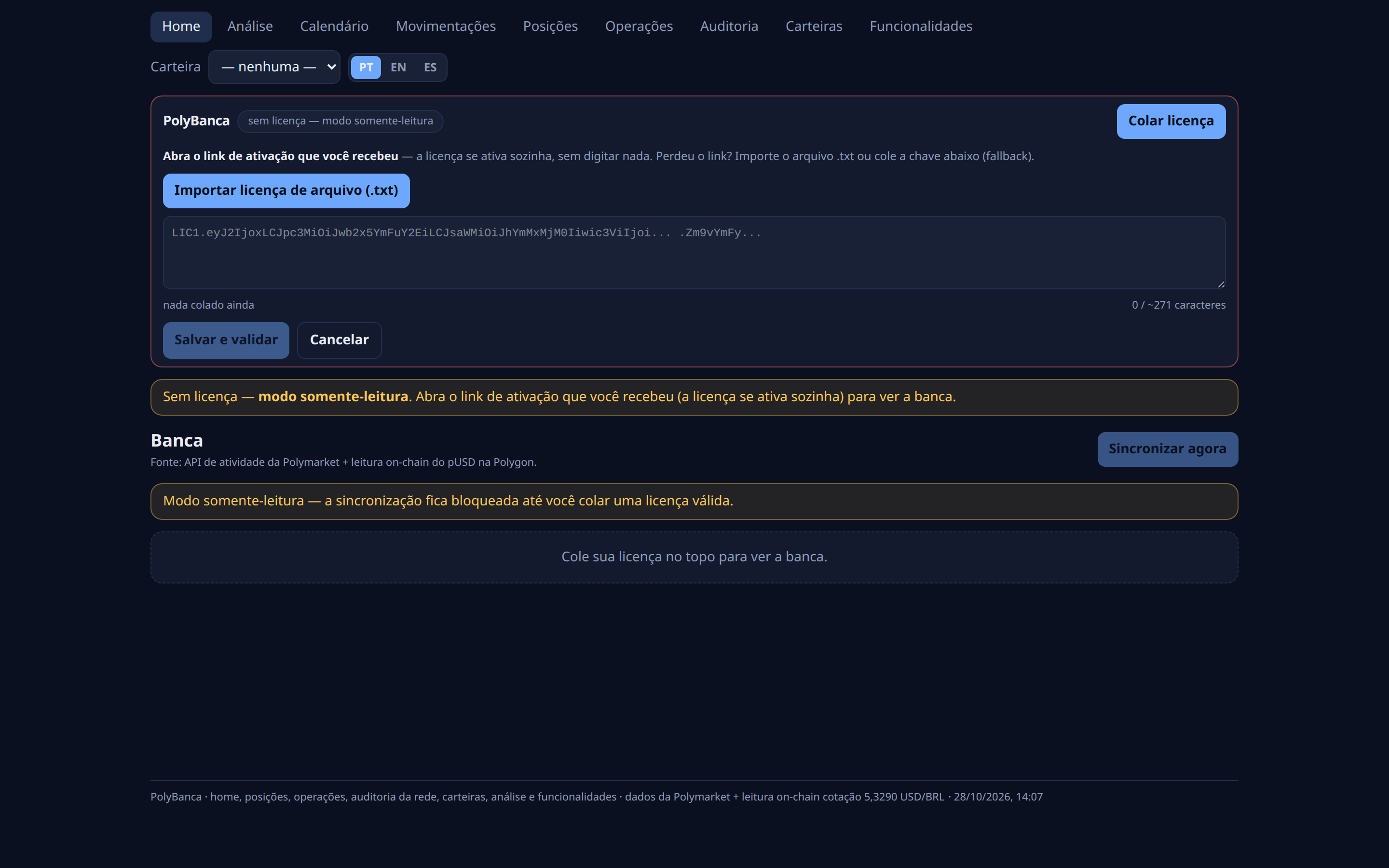 Without a license the app stays in read-only mode, and the activation panel opens on “Paste license”.