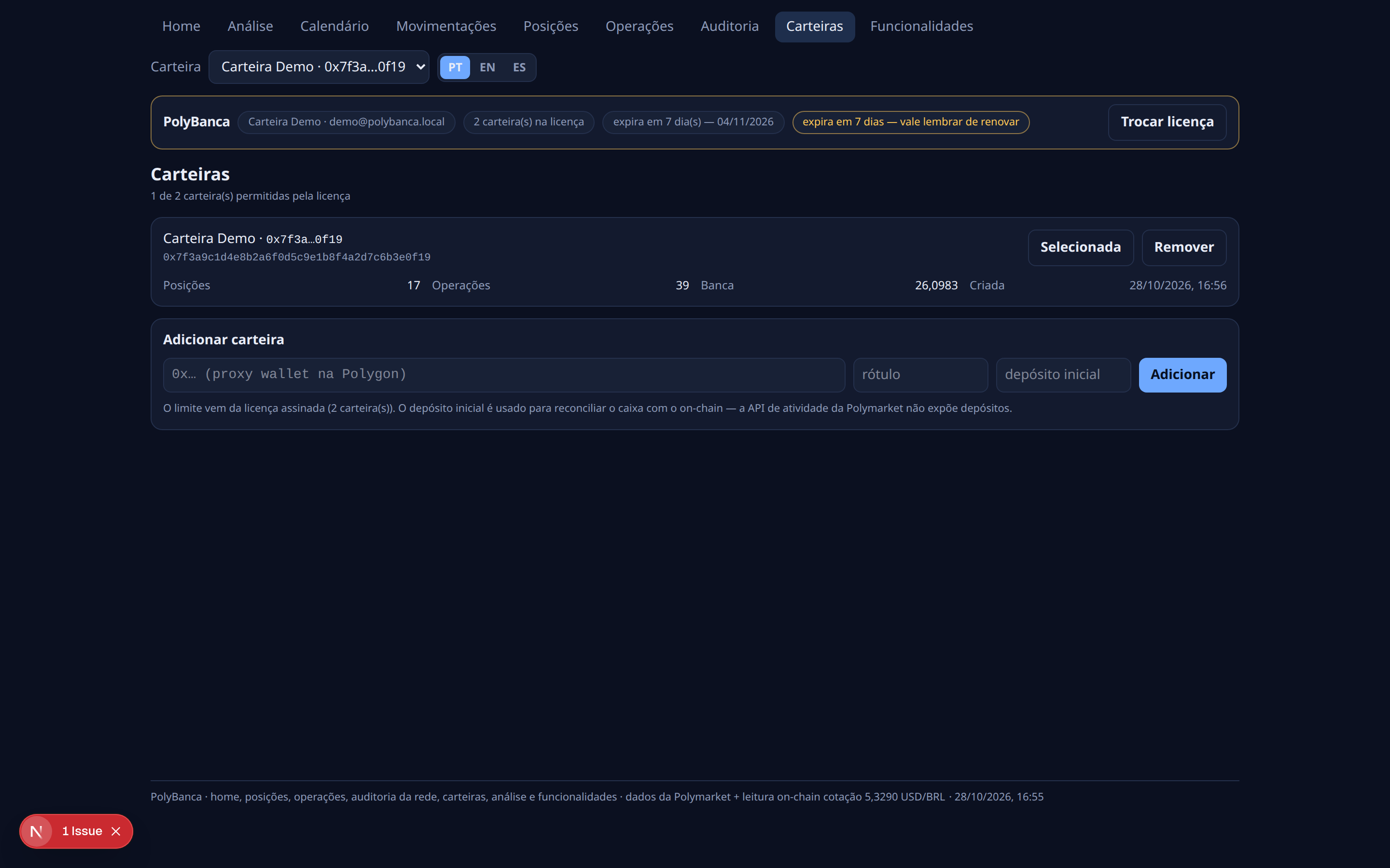 Wallets: “Demo Wallet” already added, the field for the second one and the limit of 2 that comes from the license.